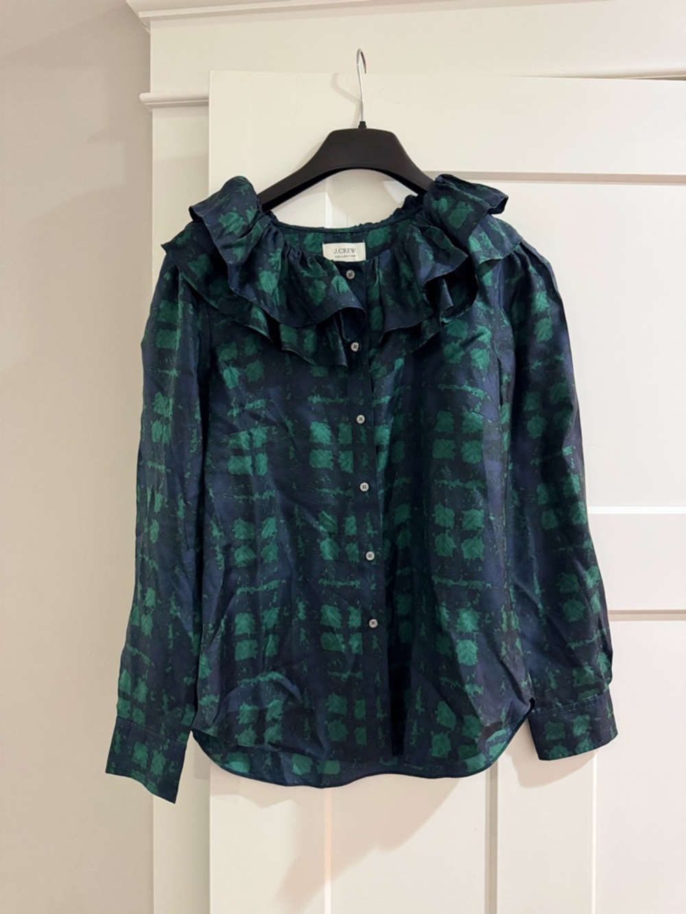 J CREW NWT Collection Silk Ruffle Navy Green Plaid Top Blouse Size L - Picture 2 of 7